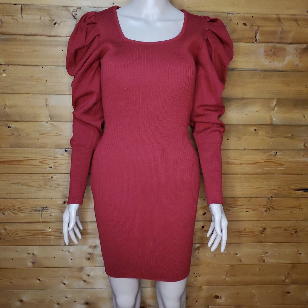 ❤️ Say What? Sweater dress long puffsleeve stretch bodycon cherry color …
